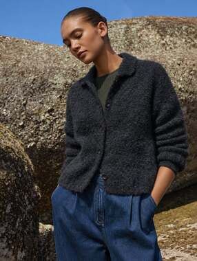 POETRY Boucle Alpaca Collared Sweater Cardigan Charcoal Gray Sz 12 $268 {RR33}